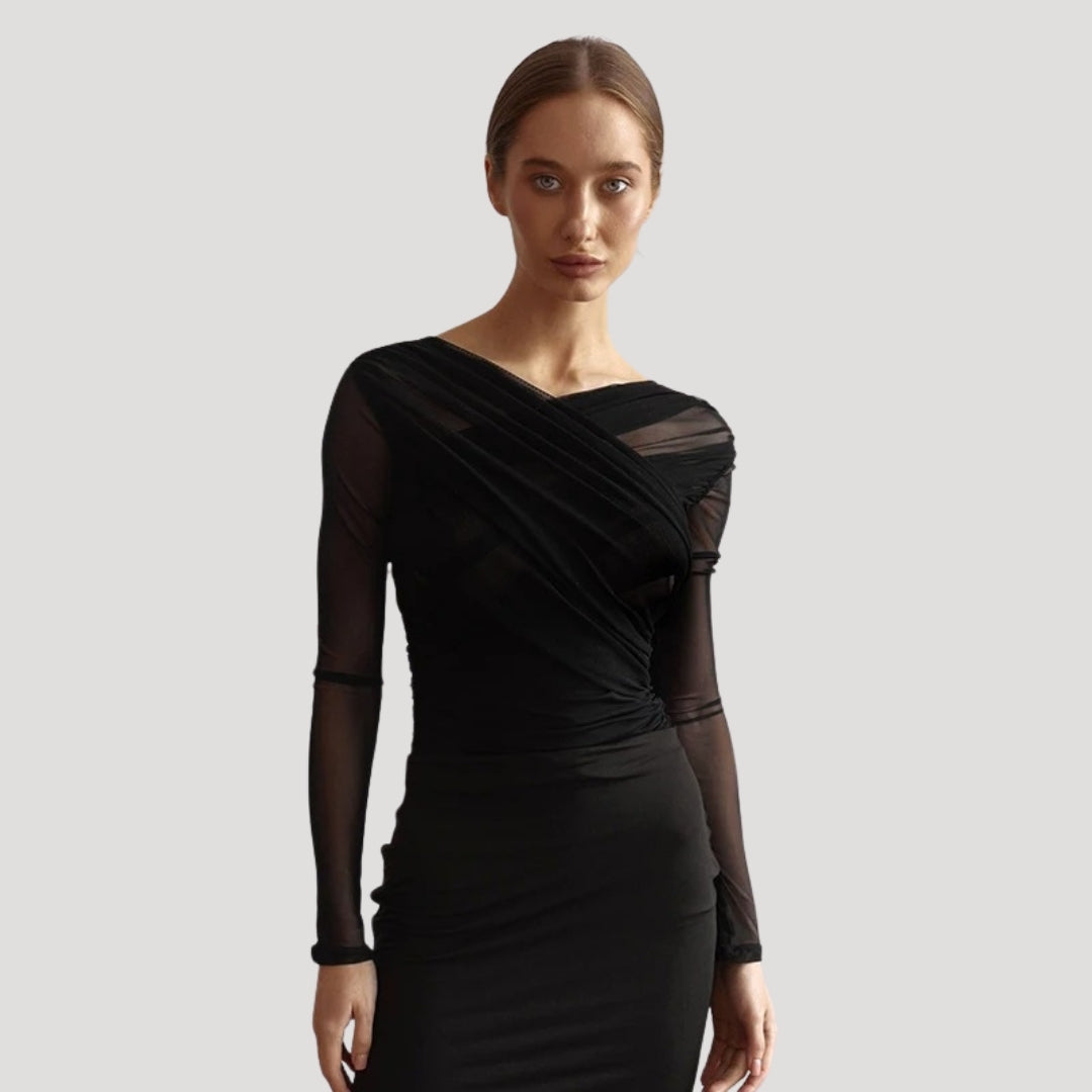 Claire | Women’s Spring Sheer Wrap Long-Sleeve Top – Black | The Bellemont Sisters Australia