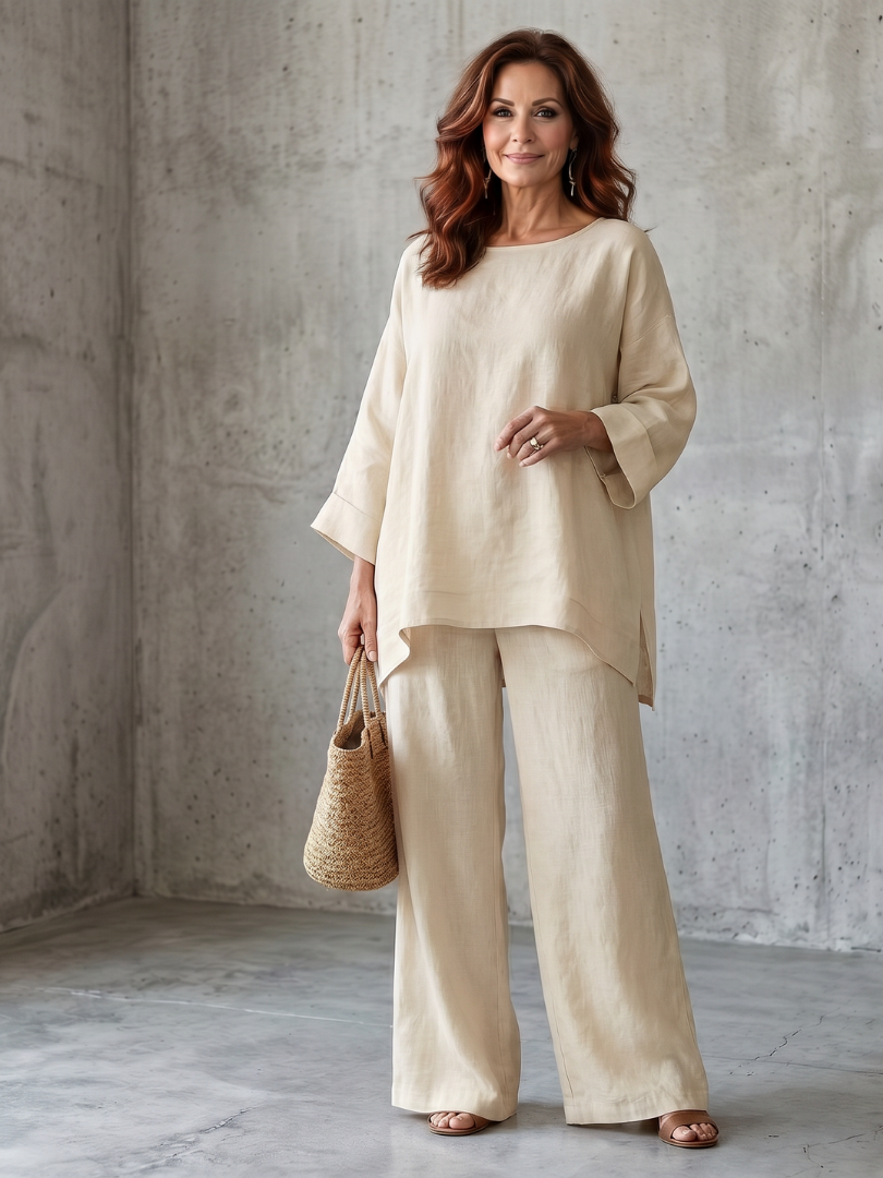 Prue | Oversized Tunic Wide Leg Pant Set – Beige | The Bellemont Sisters Australia