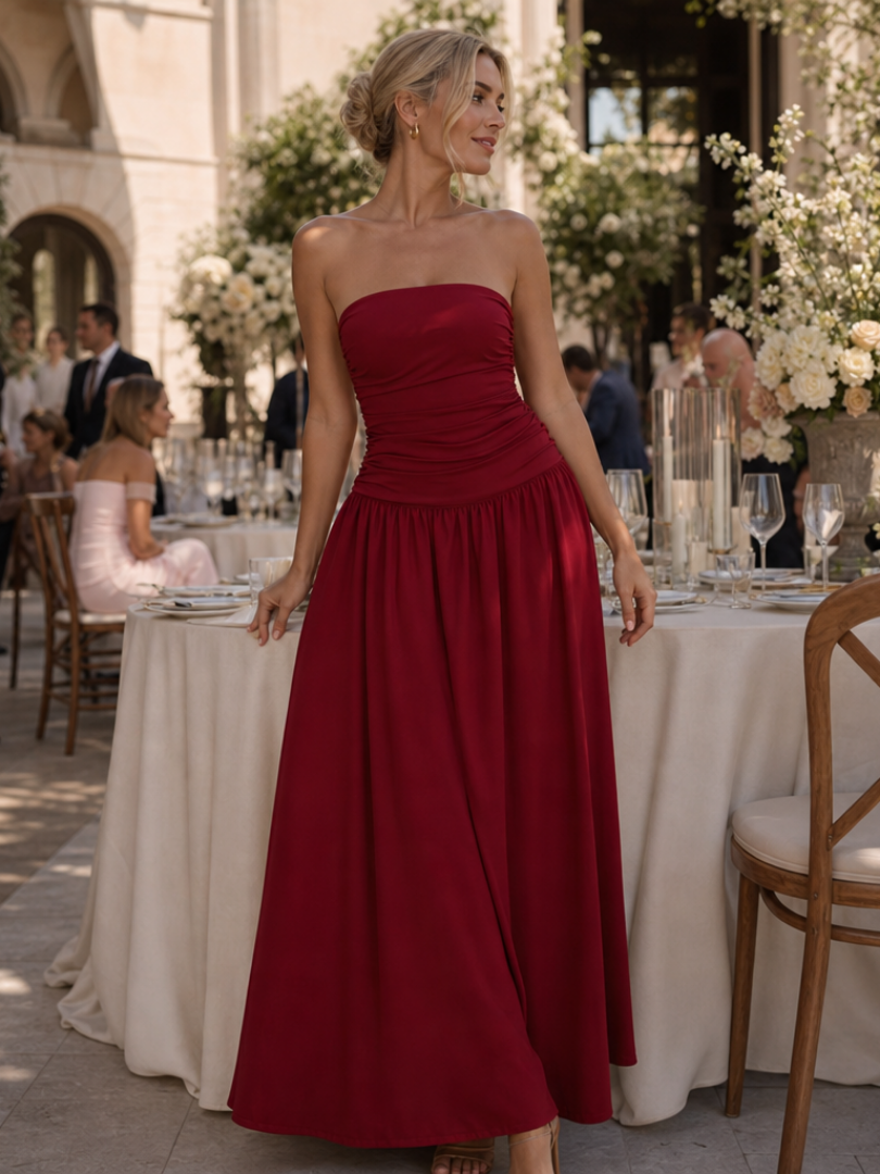 Zelene | Strapless Ruched Bodice Midi Dress – Burgundy | The Bellemont Sisters Australia