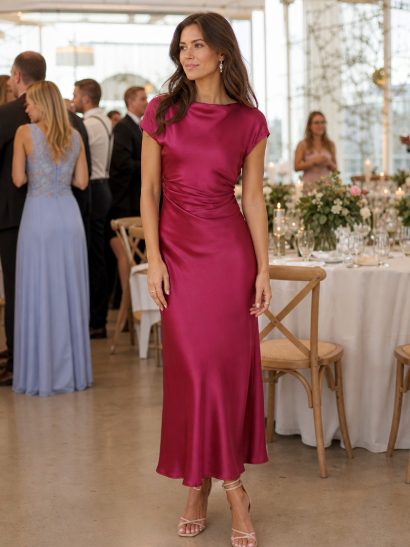 Elure | Short Sleeve Boat Neck Fitted Silhouette Midi Dress – Burgundy | The Bellemont Sisters Australia