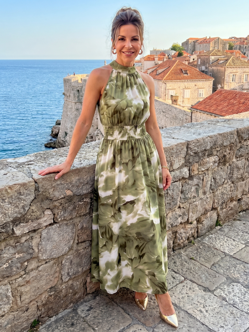 Olivia™ Gathered Waist Abstract Print Midi Dress | The Bellemont Sisters Australia