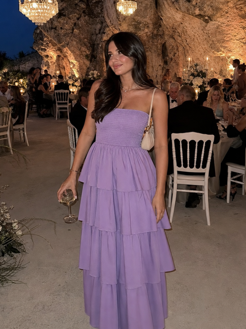Gemma | Strapless Smocked Bodice Midi Dress – Purple | The Bellemont Sisters Australia