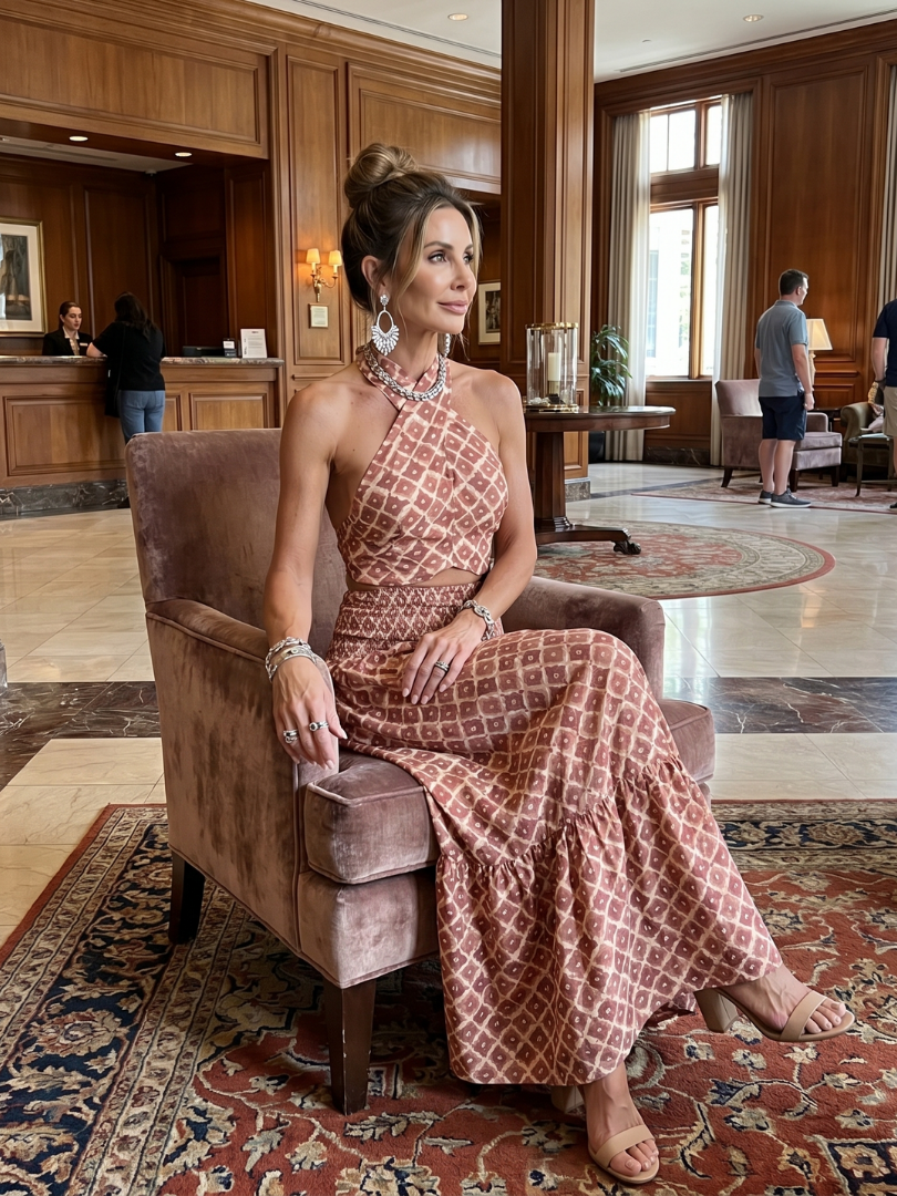 Amira | Cross Halter Geometric Print Cutout Midi Dress | The Bellemont Sisters Australia