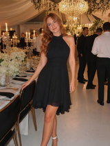 Iyla | Halter Neck Layered Hem Knee Length Dress – Black | The Bellemont Sisters Australia