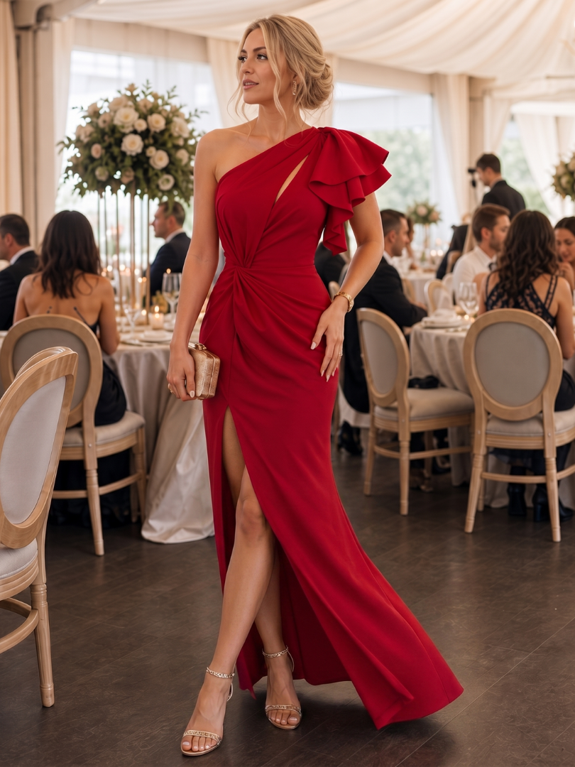 Aurette | One Shoulder Draped Bodice Midi Dress – Red | The Bellemont Sisters Australia