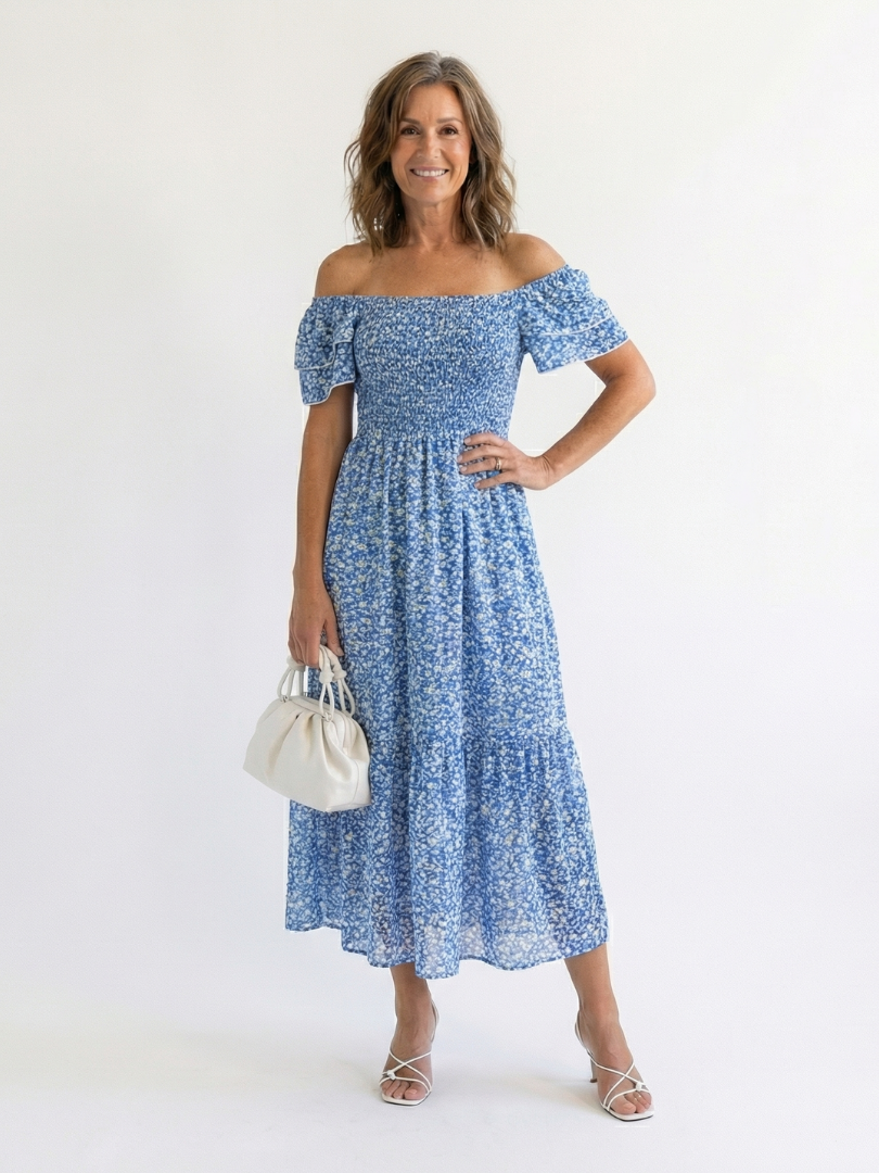 Odette | Off Shoulder Floral Smocked Midi Dress – Sky blue | The Bellemont Sisters Australia