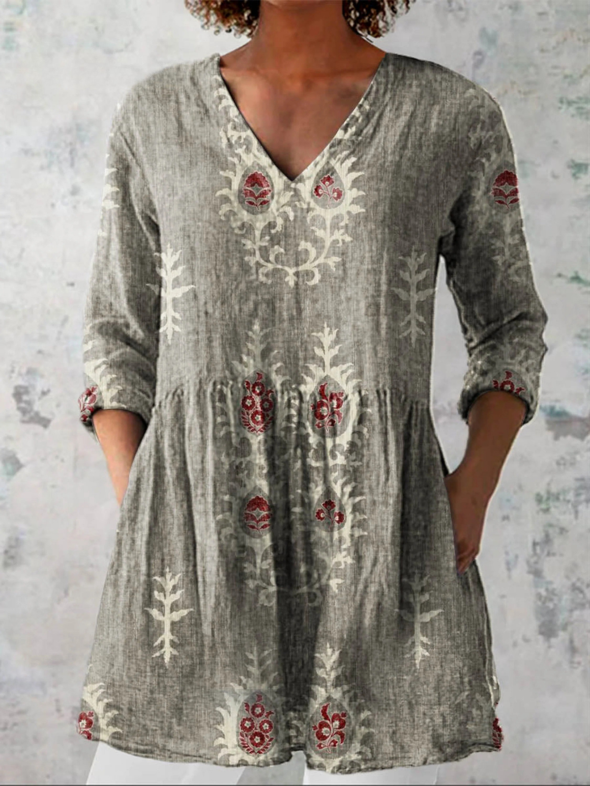 Elise | Long Blouse with V-Neck – Gray | The Bellemont Sisters Australia