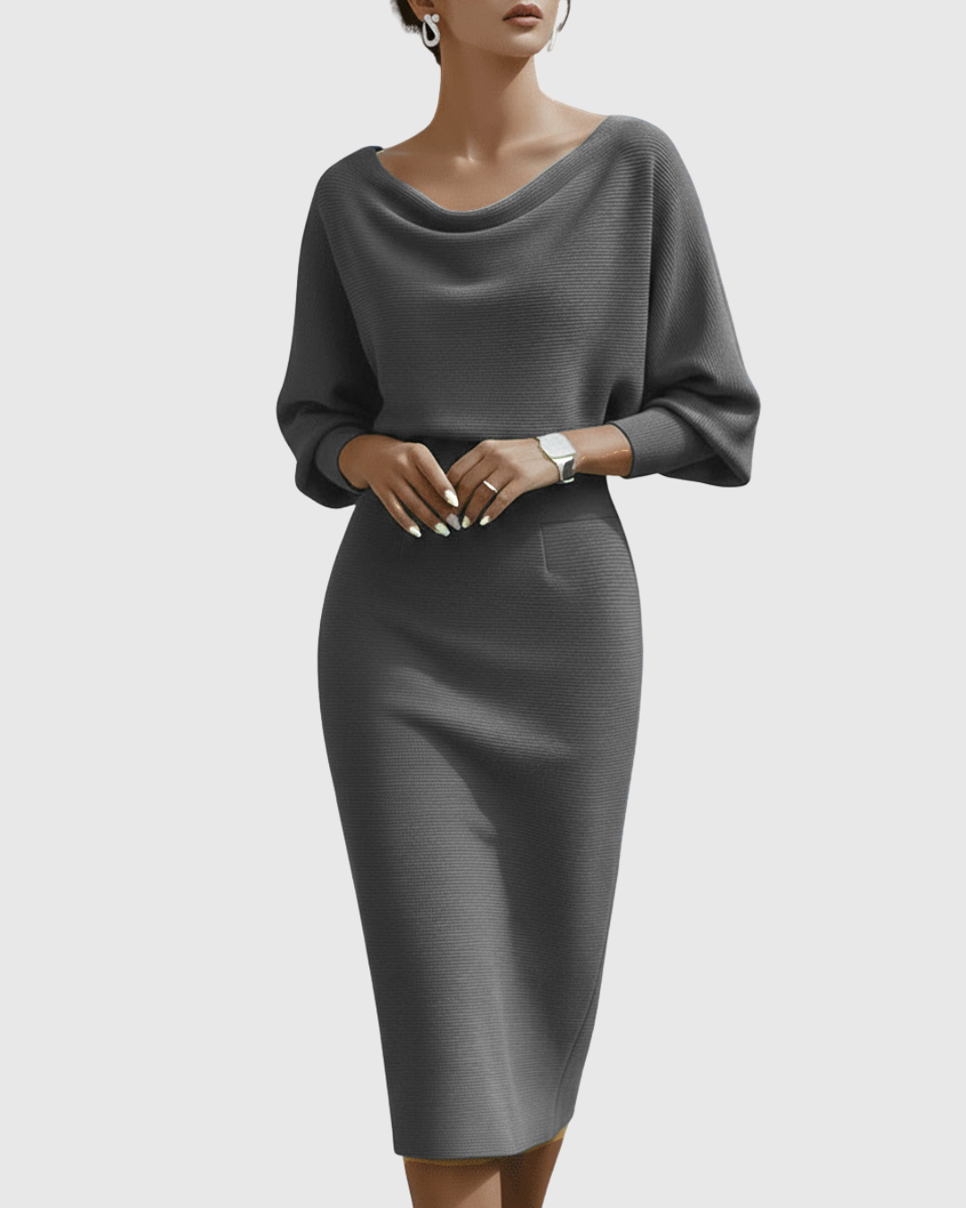 Ismeria | White Draped Batwing Midi Dress – Grey | The Bellemont Sisters Australia