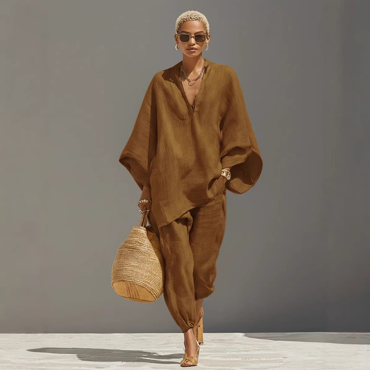 Batwing Sleeve V-Neck Lounge Set – Light Brown | The Bellemont Sisters Australia