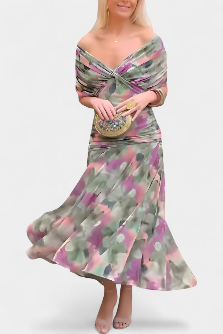 Alondra™ | Long Floral Dress with V-Neck – Green and Purple | The Bellemont Sisters Australia