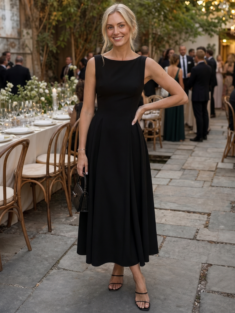 Corane | Sleeveless Crew Neck Fitted Bodice Midi Dress | The Bellemont Sisters Australia