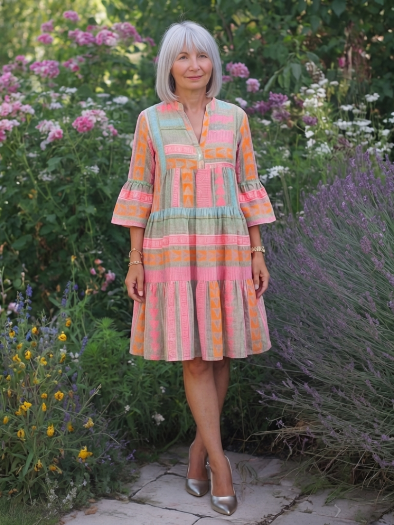 Maelle | Geometric Print V Neck Tiered Knee Length Dress | The Bellemont Sisters Australia