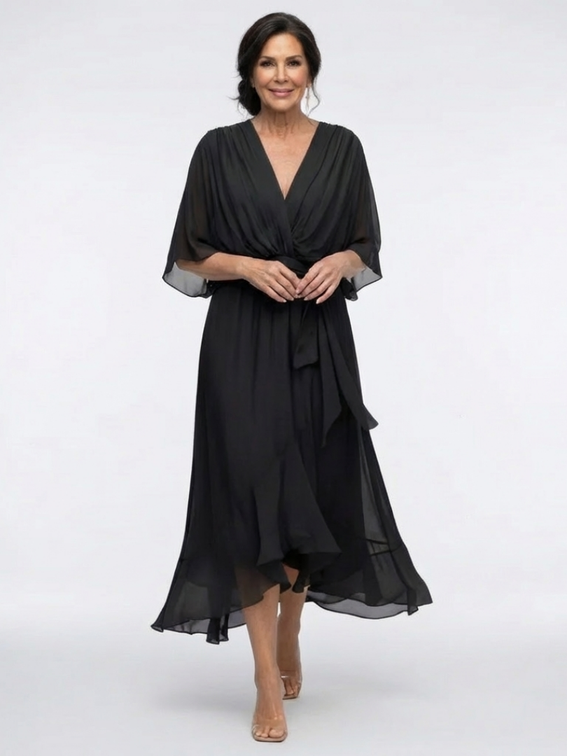 Elysia | V Neck Draped Waist Tie Midi Dress – Black | The Bellemont Sisters Australia