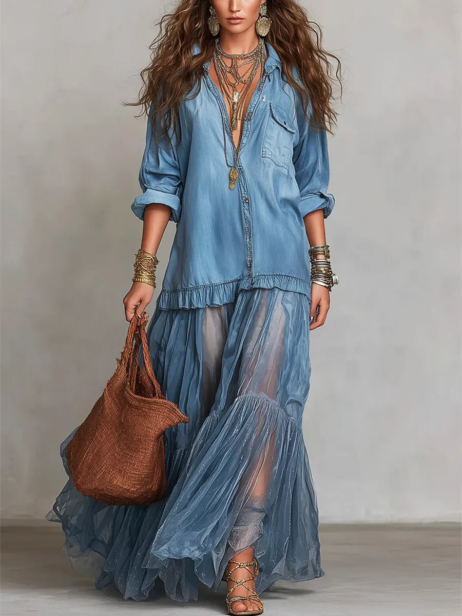 Women's Retro Lapel Denim Organza Patchwork Art Casual Maxi Dress – Blue | The Bellemont Sisters Australia