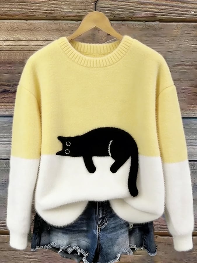 Aileen™ | Elegant Cat Print Oversized Sweater – Yellow | The Bellemont Sisters Australia