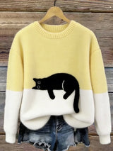 Aileen™ | Elegant Cat Print Oversized Sweater – Yellow | The Bellemont Sisters Australia