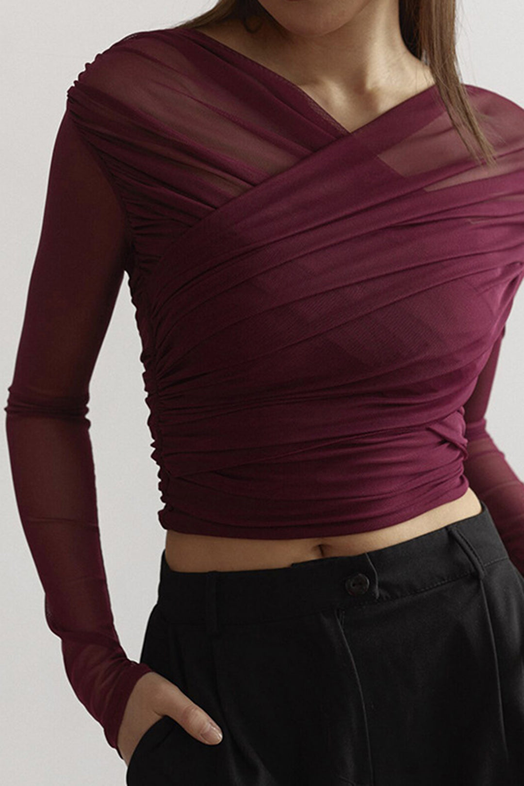 Michelle | Women Ruched Mesh Long Sleeve Top | The Bellemont Sisters Australia