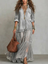 Women's Retro Lapel Denim Organza Patchwork Art Casual Maxi Dress – Silver | The Bellemont Sisters Australia