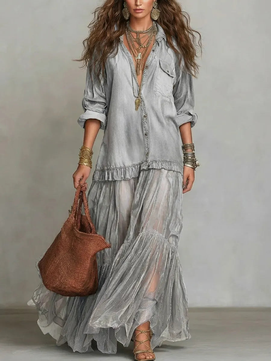 Women's Retro Lapel Denim Organza Patchwork Art Casual Maxi Dress – Silver | The Bellemont Sisters Australia