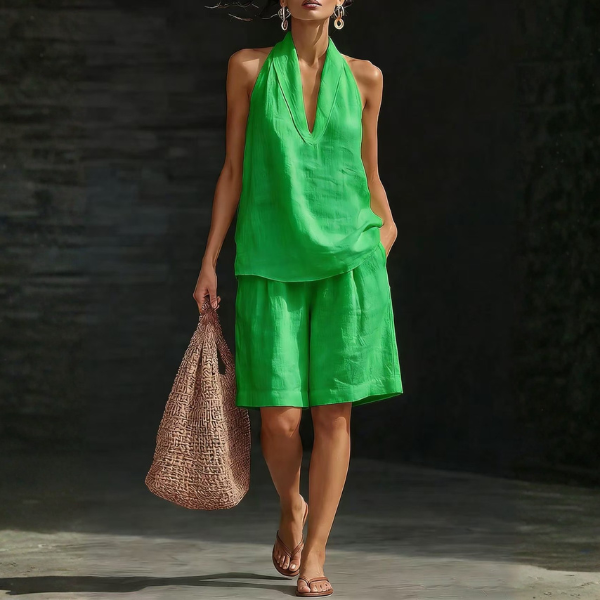 Minimalist Old-money Style Halter-neck Cotton Linen Set – Dark Green | The Bellemont Sisters Australia