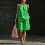 Minimalist Old-money Style Halter-neck Cotton Linen Set – Dark Green | The Bellemont Sisters Australia