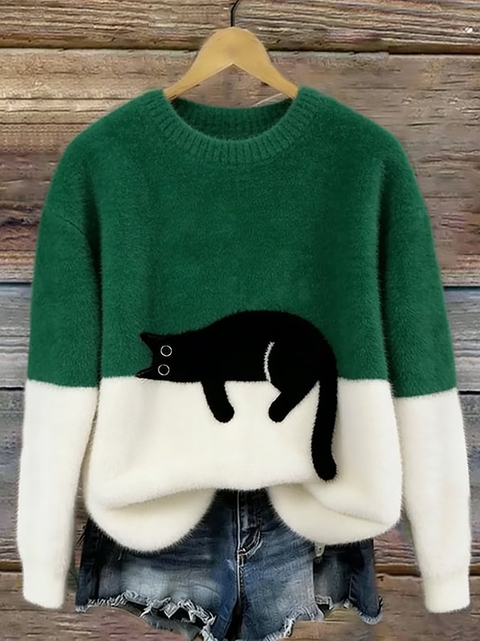 Aileen™ | Elegant Cat Print Oversized Sweater – Green | The Bellemont Sisters Australia