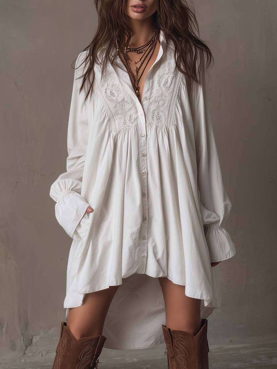 Retro-style Lace Irregular Hem Long-sleeved Mini Dress – White | The Bellemont Sisters Australia