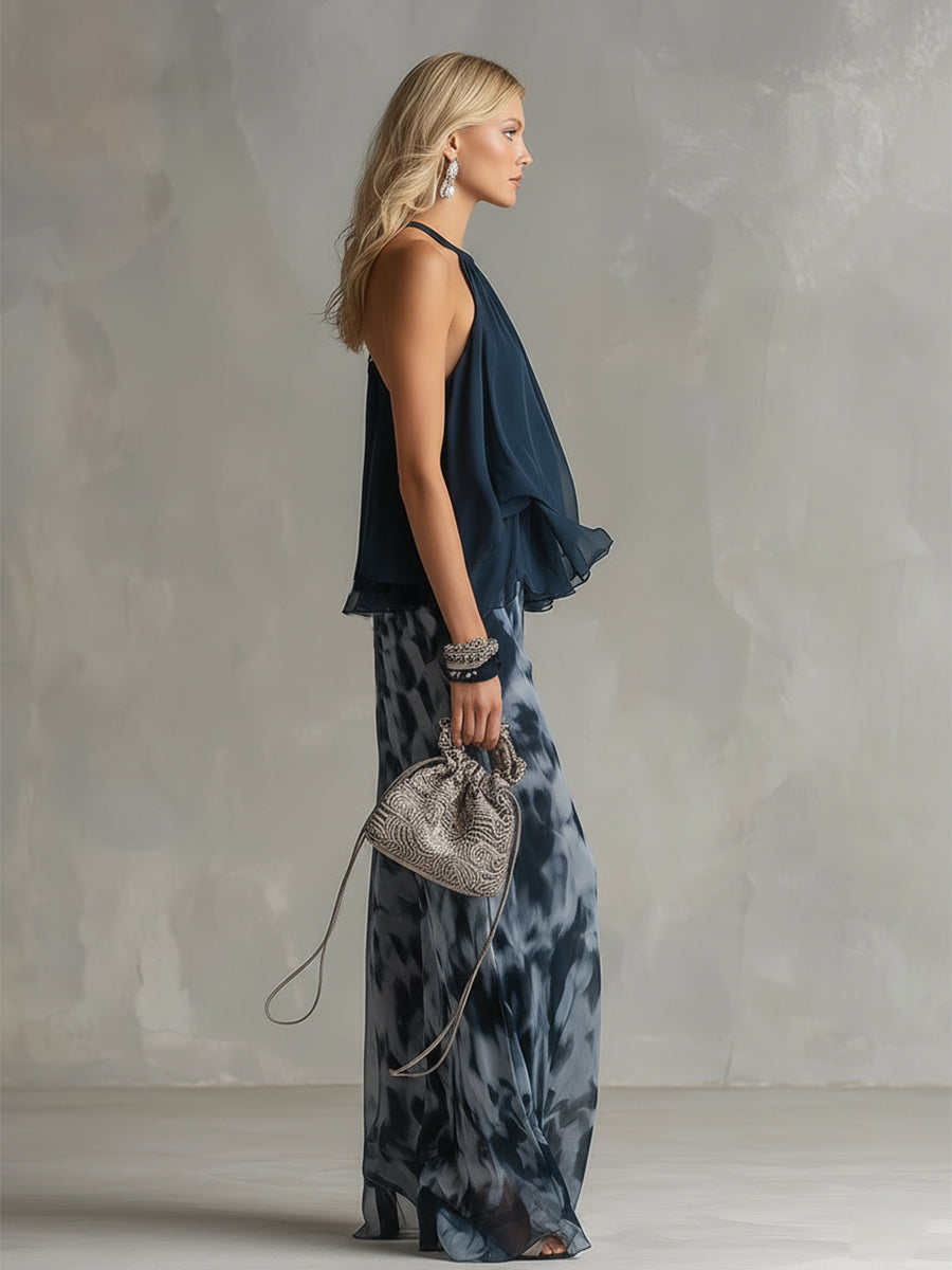 Ludovica | Stylish Navy Halter Top and Wide-Leg Printed Set | The Bellemont Sisters Australia