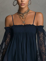 Noemi | Mini dress in navy blue chiffon with off-the-shoulder neckline, lace trim, and sheer sleeves | The Bellemont Sisters 