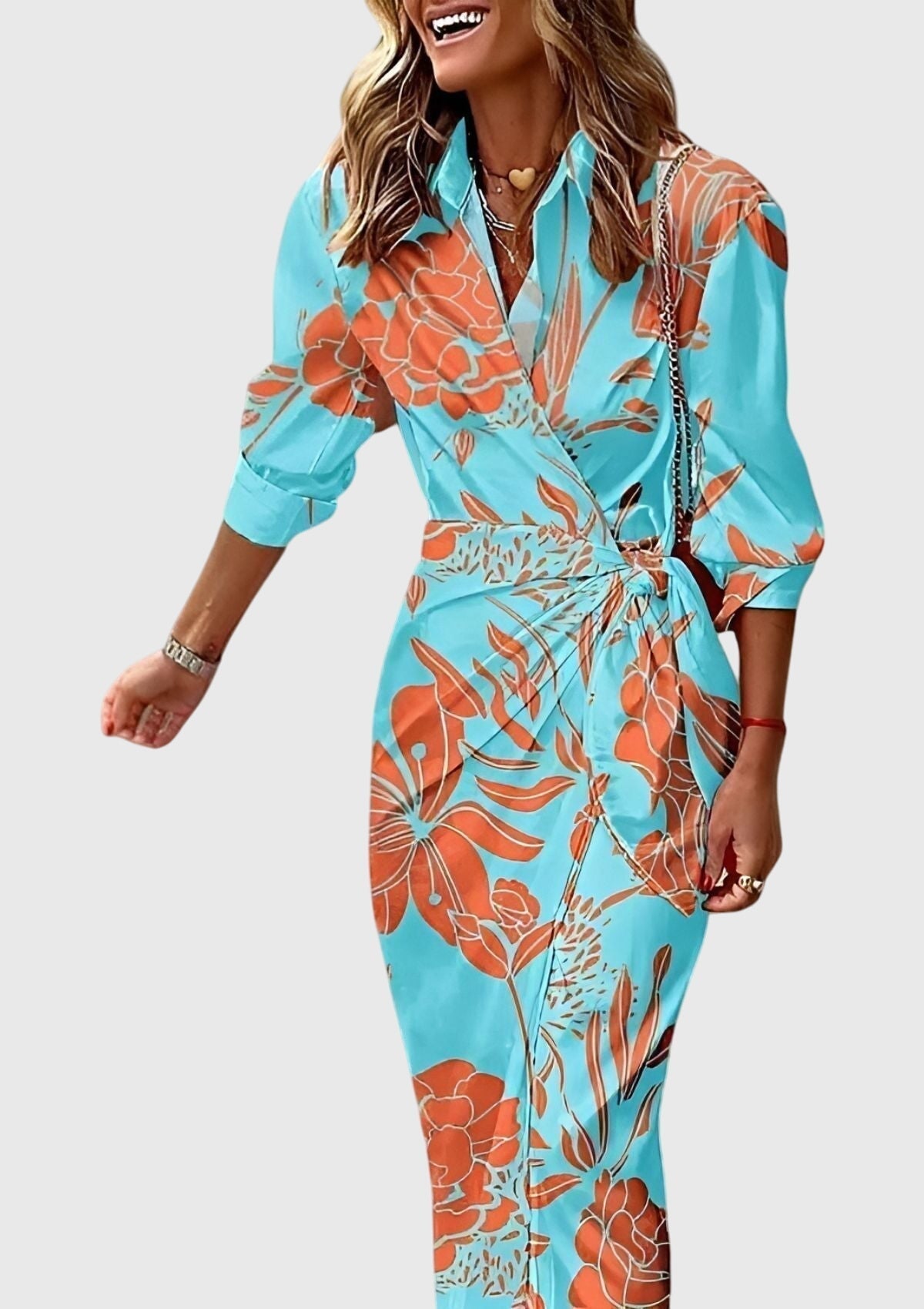 Everly | Elegant Wrap Dress With Print – Turquoise | The Bellemont Sisters Australia