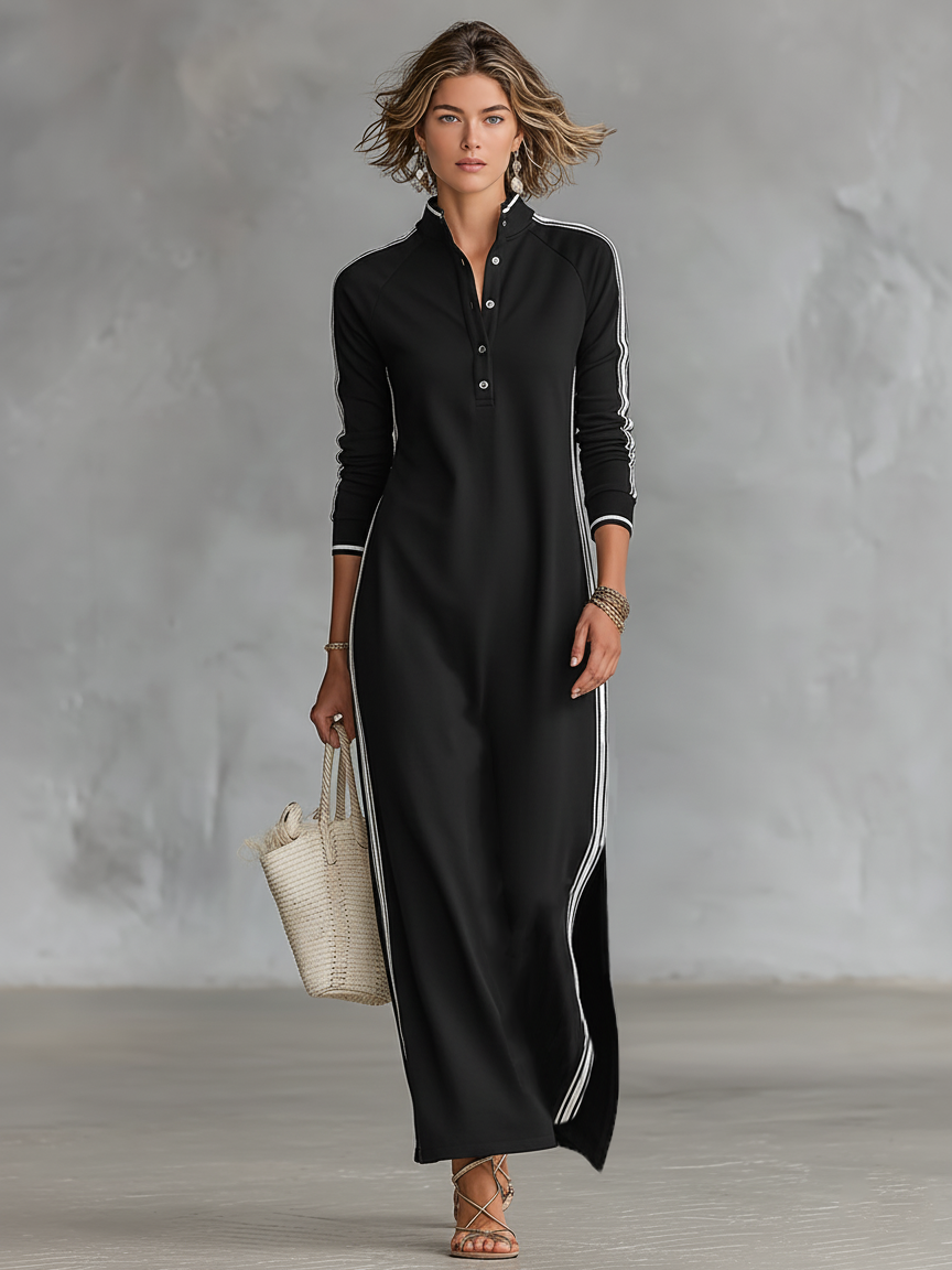 Women's Minimalist White-trimmed Button-down Collar Sweatshirt Maxi Dress | The Bellemont Sisters Australia