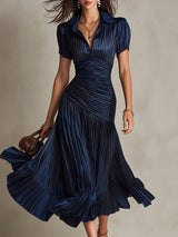 Adriana - Retro Striped Satin Midi Dress – Dark Blue | The Bellemont Sisters Australia