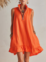 Vibrant Resort Orange Half-Zip Stand Collar Ruffled Mini Dress – Orange | The Bellemont Sisters Australia