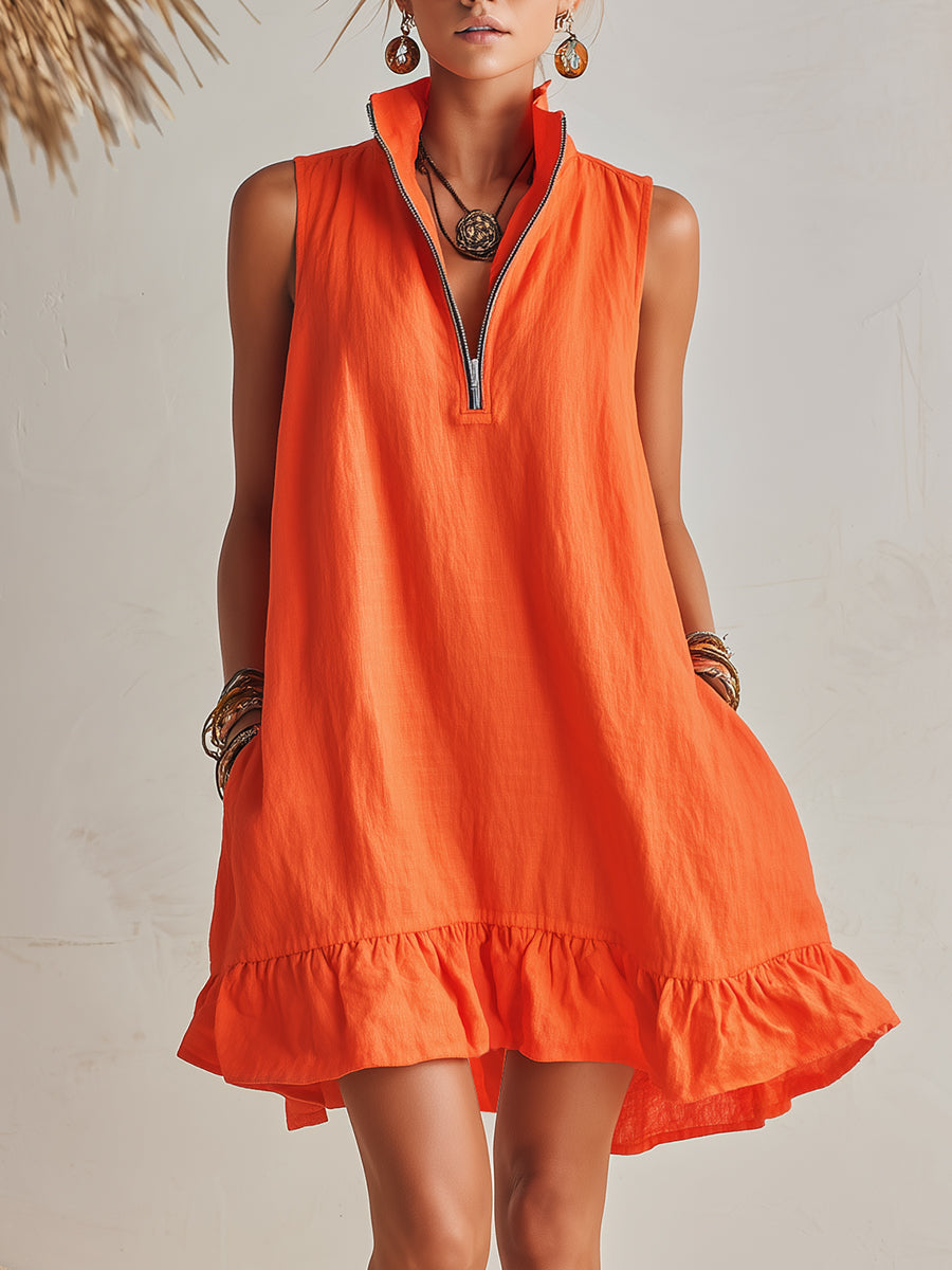 Vibrant Resort Orange Half-Zip Stand Collar Ruffled Mini Dress – Orange | The Bellemont Sisters Australia