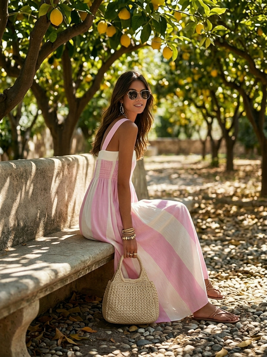 Resort Style Square Neck Sleeveless Striped Chiffon Maxi Dress | The Bellemont Sisters Australia