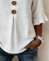 Janet | V-Neck Blouse with Wooden Buttons and Ruffled Sleeves | The Bellemont Sisters Australia