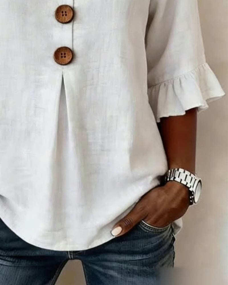 Janet | V-Neck Blouse with Wooden Buttons and Ruffled Sleeves | The Bellemont Sisters Australia