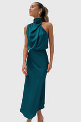 Ava | Glamorous Satin Halter Dress – Aqua Green | The Bellemont Sisters Australia