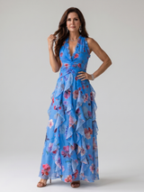 Nori | Halter Neck Ruched Bodice Floral Maxi Dress – Blue | The Bellemont Sisters Australia