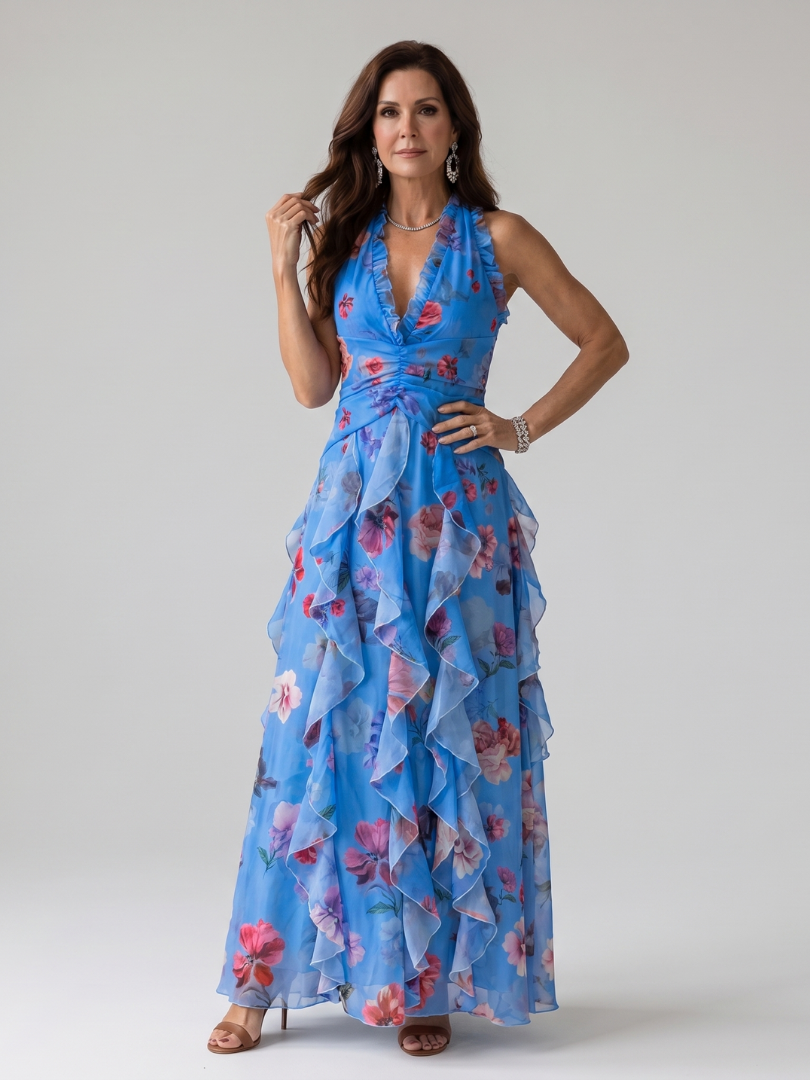 Nori | Halter Neck Ruched Bodice Floral Maxi Dress – Blue | The Bellemont Sisters Australia