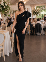 Aurette | One Shoulder Draped Bodice Midi Dress – Black | The Bellemont Sisters Australia