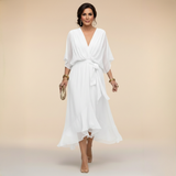 Sarah | Chiffon V-Neck Dress – White | The Bellemont Sisters Australia