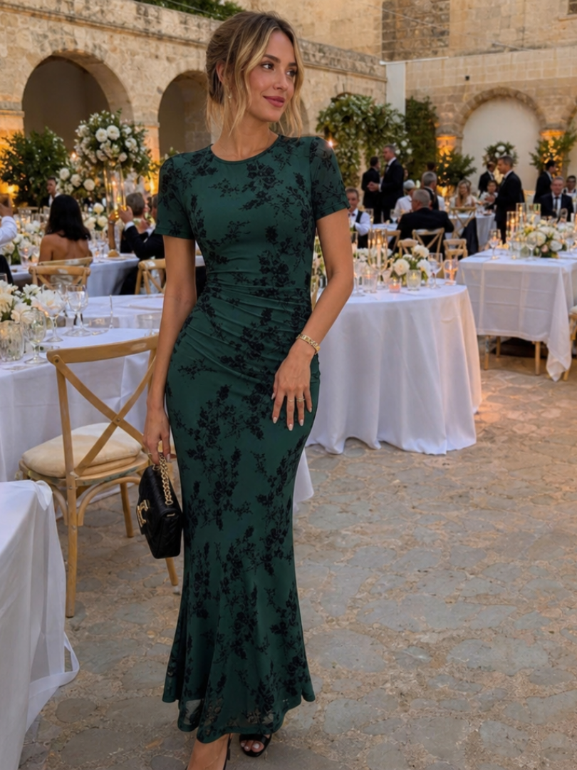 Sabella | Short Sleeve Crew Neck Midi Dress – Dark green | The Bellemont Sisters Australia