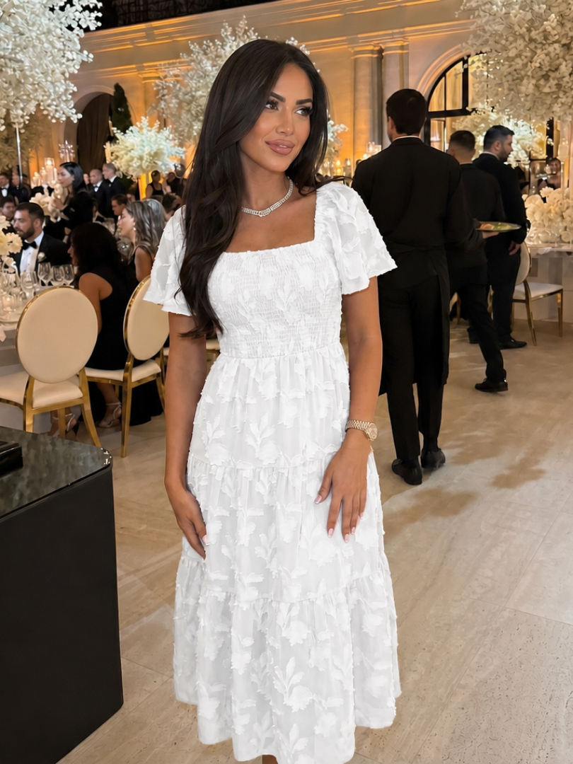 Elaria | Short Sleeve Textured Floral Detail Midi Dress – White | The Bellemont Sisters Australia