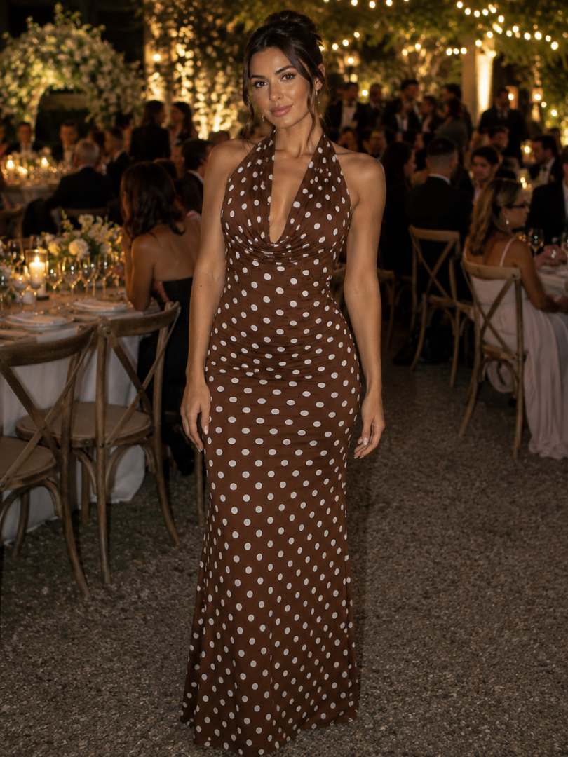 Neverine | Halter Neck Fitted Silhouette Midi Dress – Brown | The Bellemont Sisters Australia