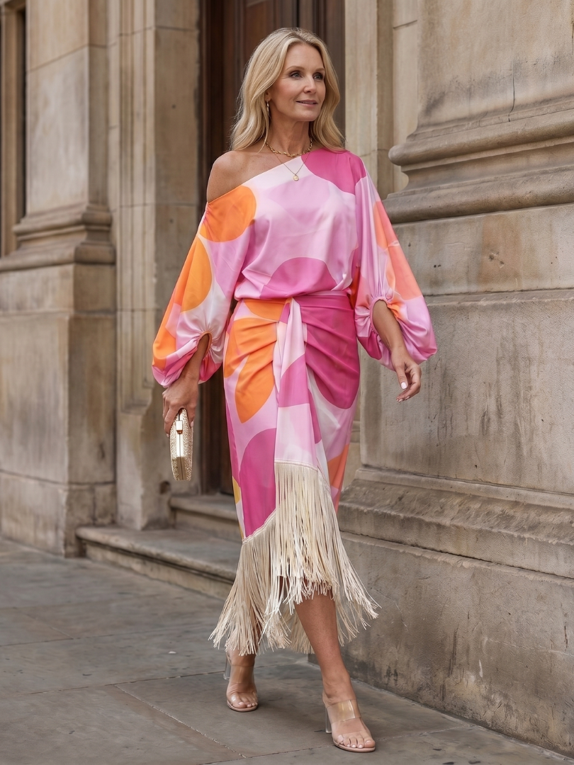 Koda | Abstract Print Fringe Hem Midi Dress – Pink | The Bellemont Sisters Australia