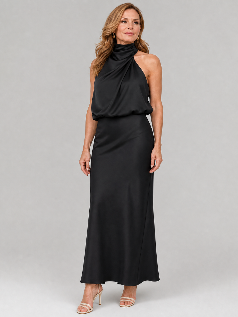 Nopal | Sleeveless Draped Neck Midi Dress – Black | The Bellemont Sisters Australia