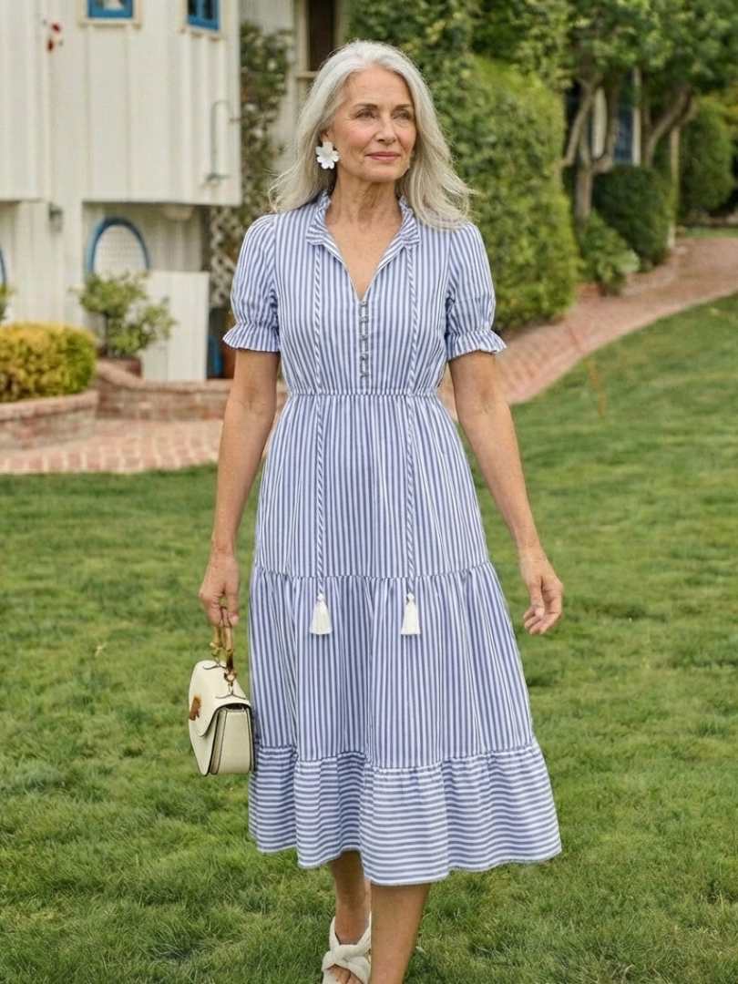 Dakota | Short Sleeve Striped Tiered Midi Dress | The Bellemont Sisters Australia