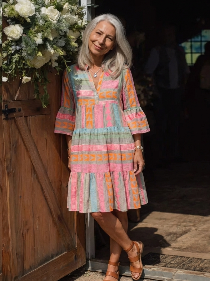 Maelle | Geometric Print V Neck Tiered Knee Length Dress | The Bellemont Sisters Australia