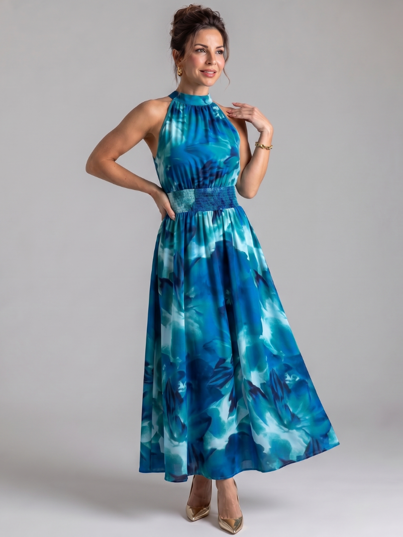 Olivia™ Gathered Waist Abstract Print Midi Dress – Blue | The Bellemont Sisters Australia